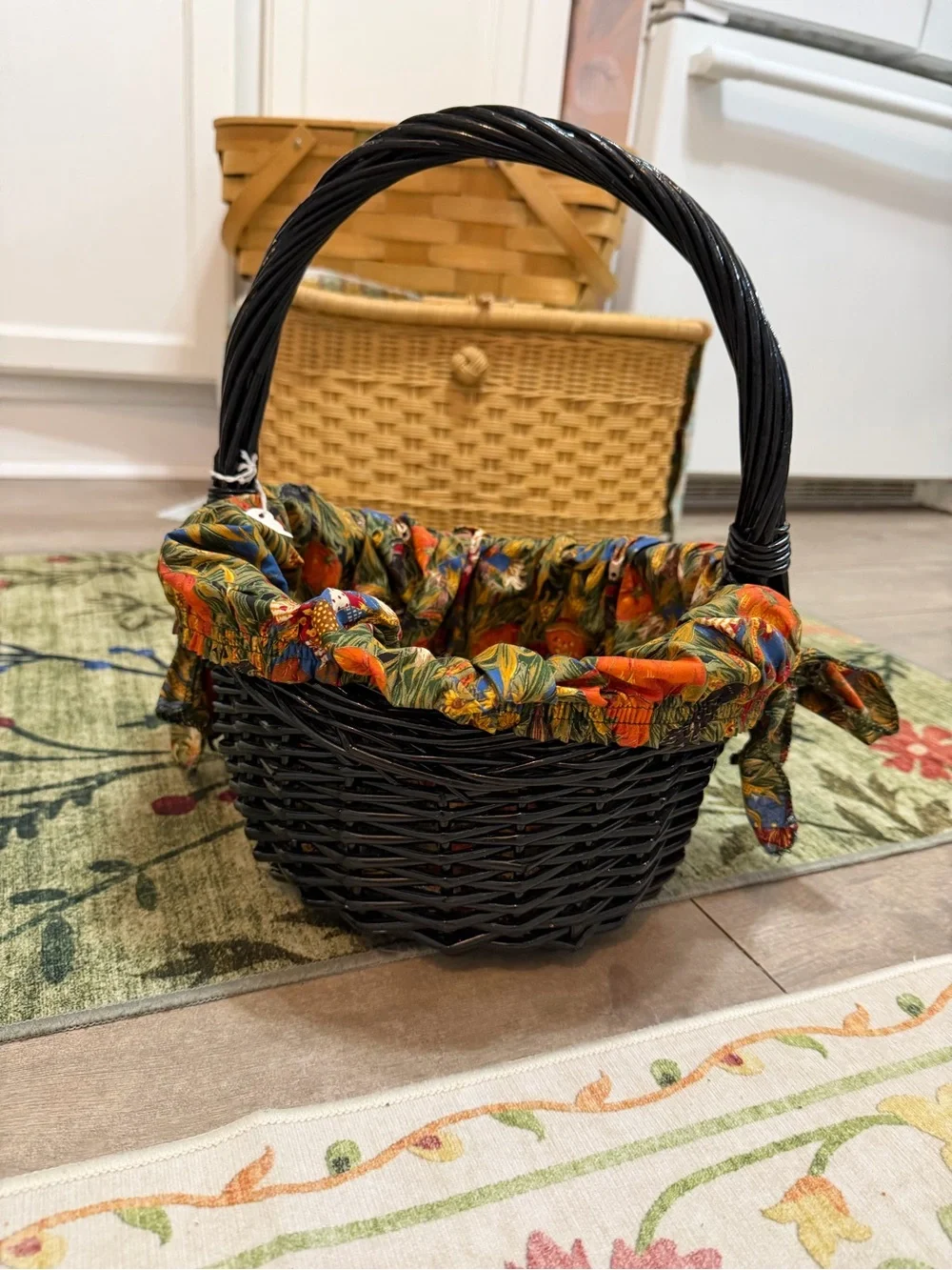Vintage Autumn Fabric Lined Black Wicker Basket Colorful Autumn Primitives